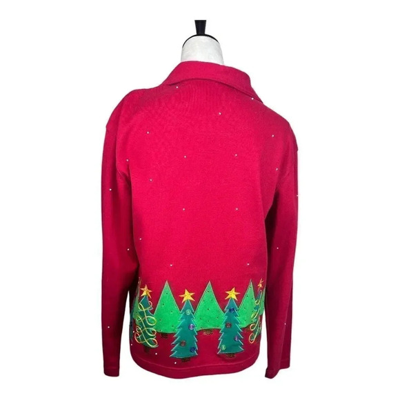 Béchamel red Christmas button down cardigan with appliqué trees size small - Picture 3 of 8